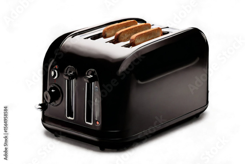 Modern black toaster with three slices of toasted bread on transparent background for kitchen appliance concept.