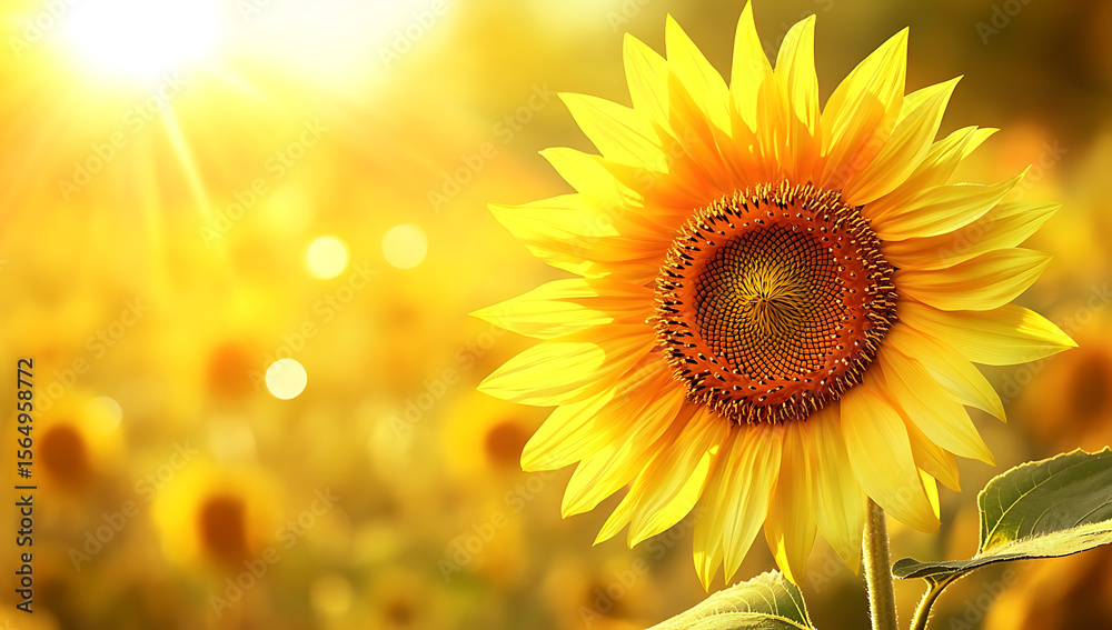 Fototapeta premium Beautiful sunflower in blurred background of field with copy space, banner design. Bright yellow color background with sun and sunlight rays. Spring or summer concept.