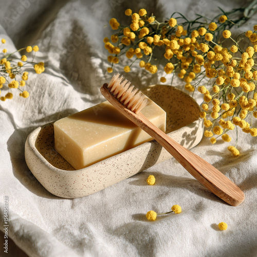 A wooden toothbrush rests on a natural soap bar placed in a speckled ceramic dish, surrounded by soft fabric and delicate yellow flowers, evoking a calm, eco-friendly, and aesthetic atmosphere.