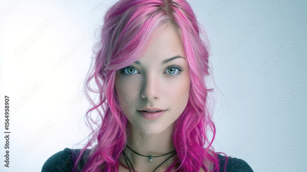 Naklejka premium Stylish woman portrait. Pink hair, calm expression. Ideal for beauty, fashion, and haircare. Websites, magazines, and social media.