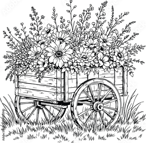 Title: Botanical Voyage  Intricate Line Drawing of a Flower Filled Wooden Cart on Grass
