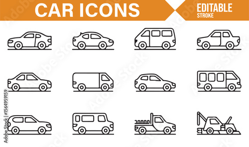 A Stylish Collection of Car Icons for Transportation, Automotive, and Delivery Systems