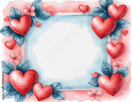 Watercolor background with hearts and leaves for romantic design with copy space, vector
