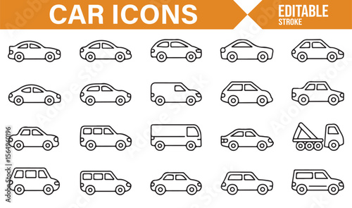 Icon Set Featuring Different Types of Cars, Trucks, and Vans for Web and App Design