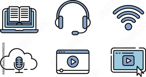 Online learning resources and education technology vector icons for digital courses and webinars design
