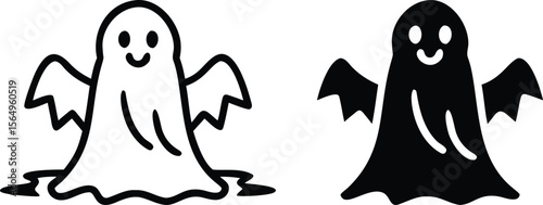 Cute Ghost Icon Set, Black and White Halloween Spirit Illustration