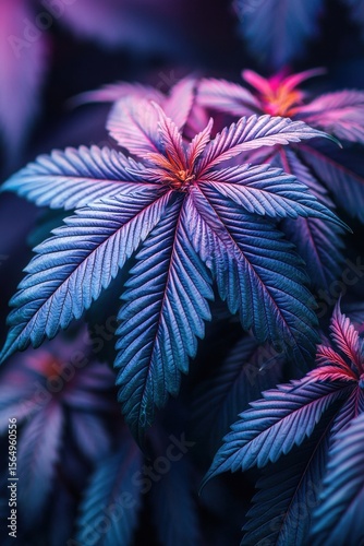 Close-up of vibrant cannabis leaves with glowing purple and blue hues
