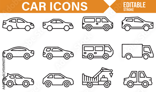 Minimalist Car Icons for Transportation and Automotive Graphics