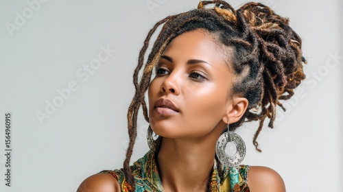 Stylish portrait of a woman with dreadlocks and large earrings. Perfect for fashion, beauty, and ethnic themes. Ideal for websites, magazines, and advertising.