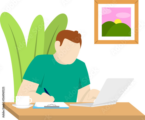 Man Working from Home with Laptop and Notes. Flat illustration of a man working remotely at home, writing notes while using a laptop at a desk with a cup of coffee.