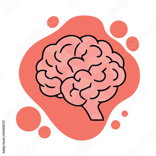 Illustration of a human brain with a pink background and floating circles.