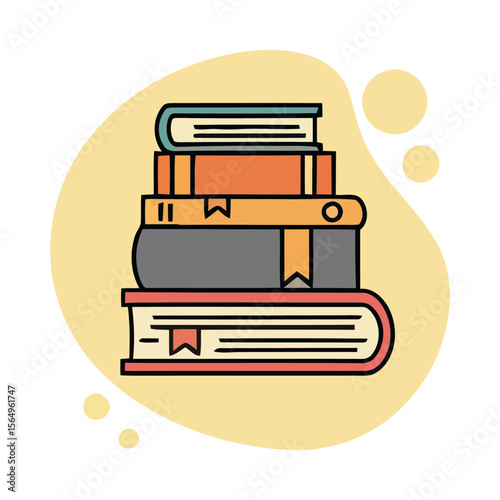 Stack of colorful books, various shades, resting on a light yellow background with abstract shapes.