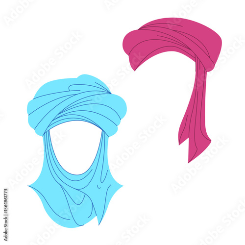 two distinct cultural headwear pieces a blue turban with intricate folds and a flowing pink headscarf representing traditional attire