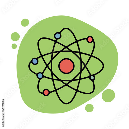 A stylized illustration of an atom, featuring orbiting electrons and a central nucleus, set against a light green, abstract background.