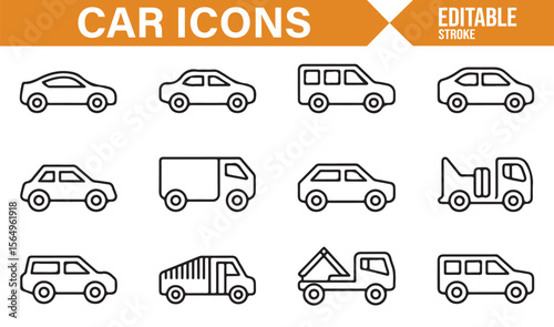 Vector Car Icons Including Sedan, Van, Truck, and SUV for Use in Automotive Designs