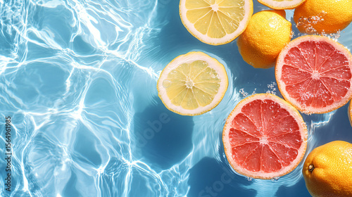 Top view of fresh lemon and grapefruit slices floating in clear turquoise water, refreshing summer vibe. Perfect for wellness, tropical, spa, or fruity themed designs. Horizontal background