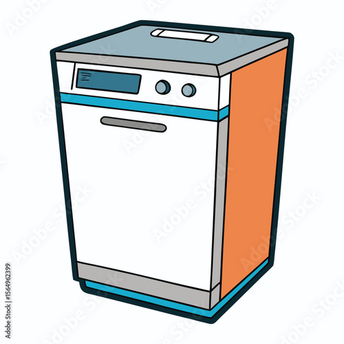 Realistic dishwasher with sleek design, stainless steel finish, detailed control panel, and open door showing racks filled with clean dishes—perfect for modern kitchens.
