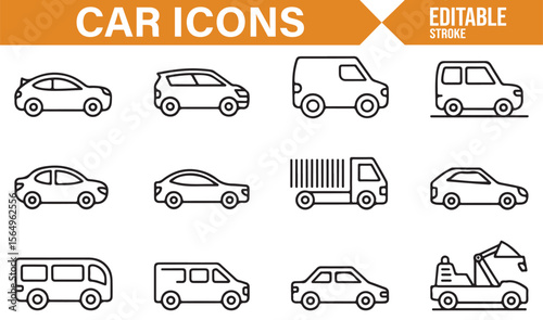 Set of Car Icons Featuring Sedans, SUVs, Trucks, and Vans for Automotive and Transportation Projects