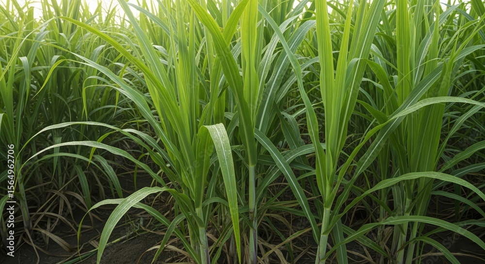 Obraz premium Lush Green Sugarcane Field: Close-up View of Blades and Stalks