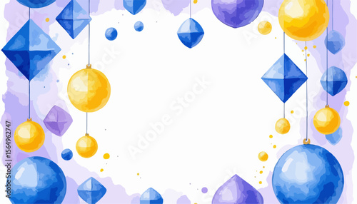 Watercolor geometric shapes and balls in blue and yellow for postcard design with copy space