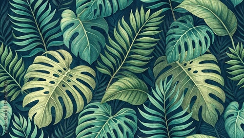 Wallpaper Mural Lush tropical foliage with monstera and palm leaves in deep teal hues Torontodigital.ca