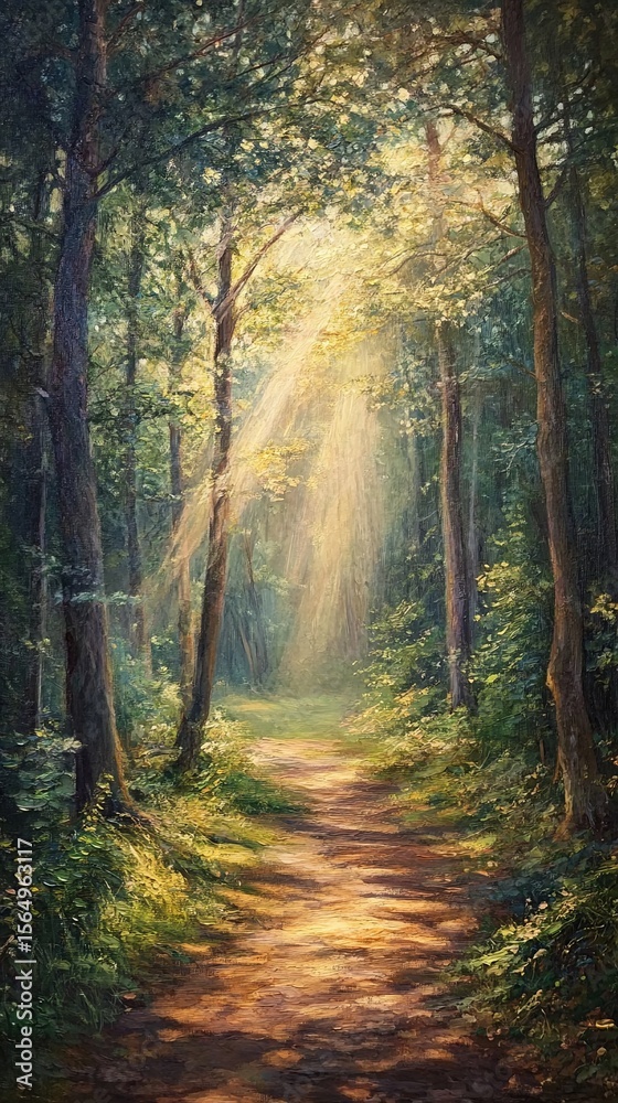 Obraz premium Forest clearing with dappled sunlight filtering through trees.