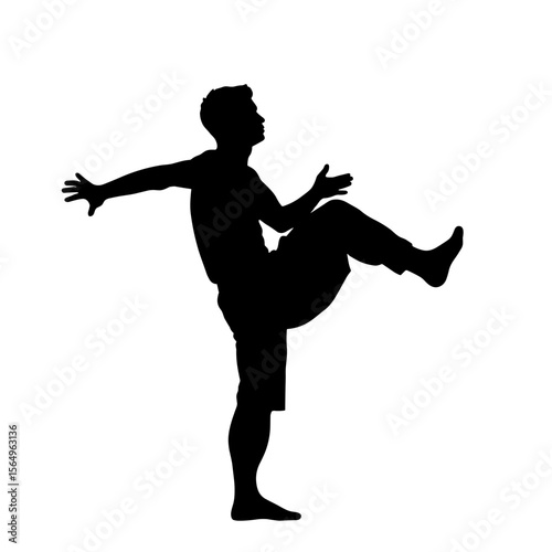 Silhouette of man dancing energetically on white background, concept of print on t-shirt  