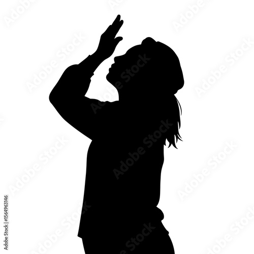 Woman in silhouette raising her hand in a contemplative pose  