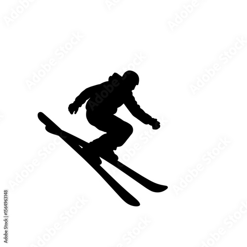 Skier jumping mid-air with skis on a white background - Concept of ski print  