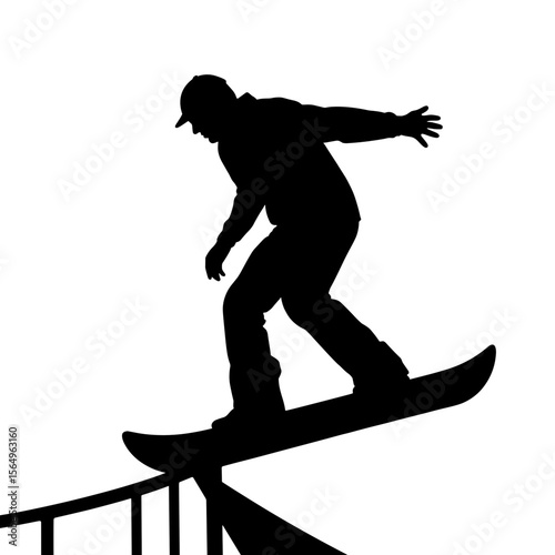 Snowboarder performing trick on ramp silhouette against white background  
