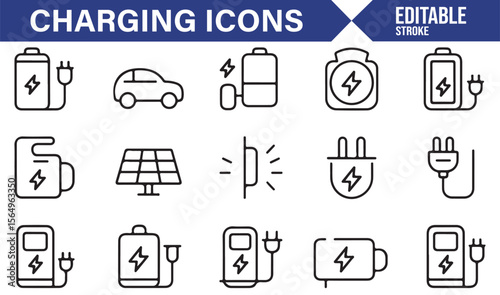 Vector Icons Representing Charging, Solar Power, and Electric Vehicle Charging for Eco-Friendly Projects