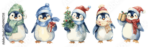 Watercolor cute christmas penguins in santa hats and scarf. Cute characters with gift box and pine tree, vector set