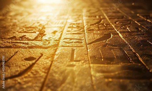 Golden Sunlight Illuminates Ancient Egyptian Hieroglyphs Carved into Stone Surface