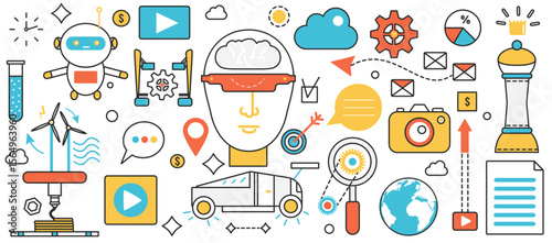 Automation future smart technology. Robot, AI digital brain control and cyber systems, futuristic innovation in energy production, data science in infographic concept banner, thin line art design