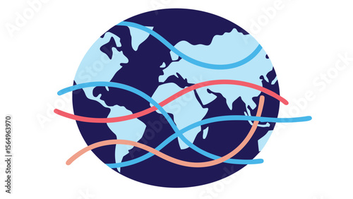 World map illustration with blue and red curved lines representing global connections and interactions around the world