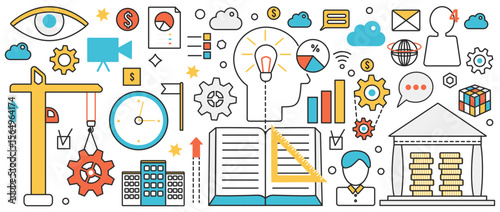 Startup building technology. Abstract time management, success business vision and finance education, creative ideas of managers and realization in infographic concept banner, thin line art design