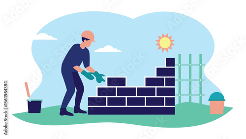 A construction worker building a brick wall under a sunny sky with clouds and construction tools nearby