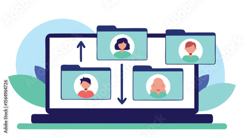 Laptop screen displaying folders with people icons and arrows indicating data transfer flow in blue tones