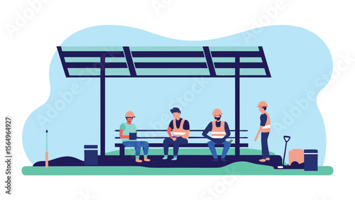 Illustration of construction workers resting under a shaded structure during a break period outdoors
