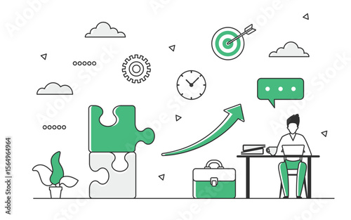 Business planning and development strategy. Teamwork ability and organisational process vector monocolor illustration