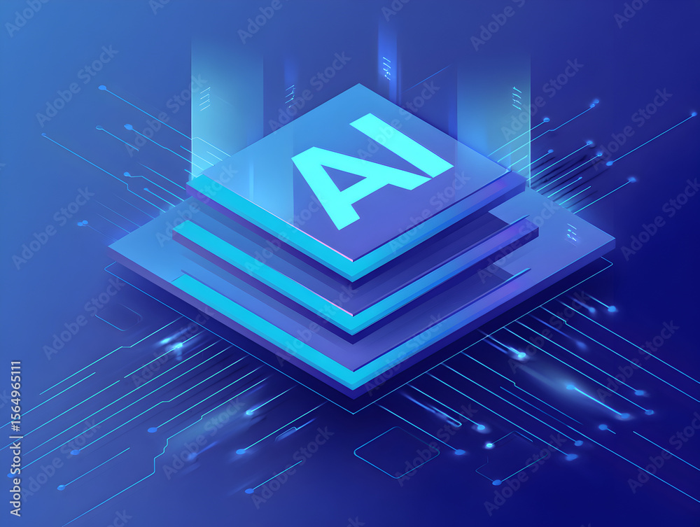 Fototapeta premium AI chip stack modern hardware accelerator graphic for fintech and SaaS landing pages