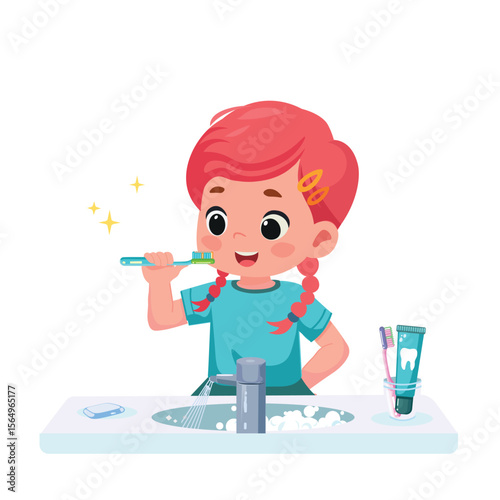 happy kid brushing teeth for daily personal care – cartoon vector illustration