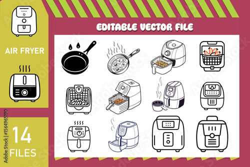 Air Fryer Icons 14 Editable Vector Illustrations