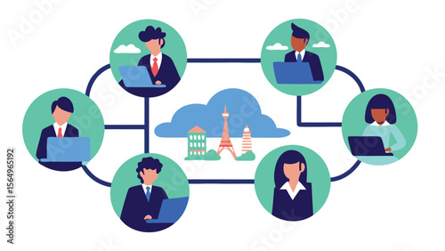 Illustration of remote workers connected to the cloud with city landmarks in the background view online