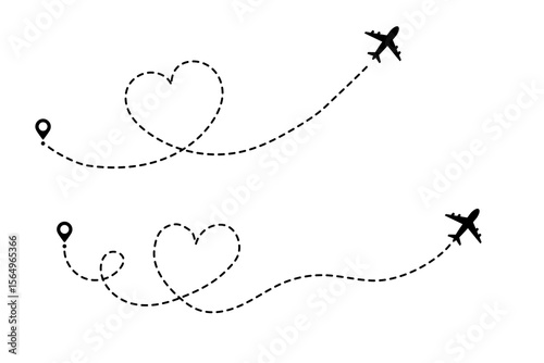 Aircraft with a line heart flight path. Silhouette of an airplane, resembling a toy jet or a craft, is depicted. A sleek and uncluttered design.