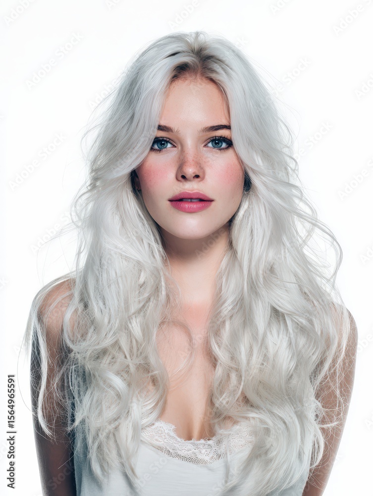 Fototapeta premium Stunning blonde woman, long wavy hair, beauty portrait. Ideal for hair, beauty, fashion ads.