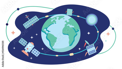 Illustration of earth surrounded by satellites in orbit against a space background with stars