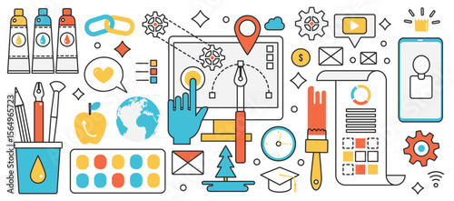 Web products and website digital content creation. Abstract authors creative tools, software and editor for online freelance work of designer in infographic concept banner, thin line art design