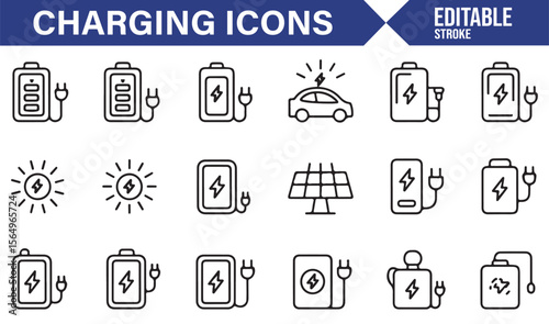 Collection of Power Charging Icons Including Electric Car, Solar Panel, and Battery Charging for Green Energy