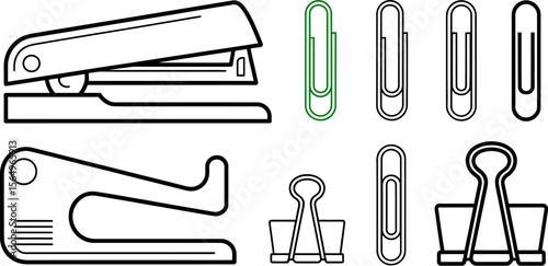 Stapler clip binder office supplies vector illustration stationary outline black and white design set